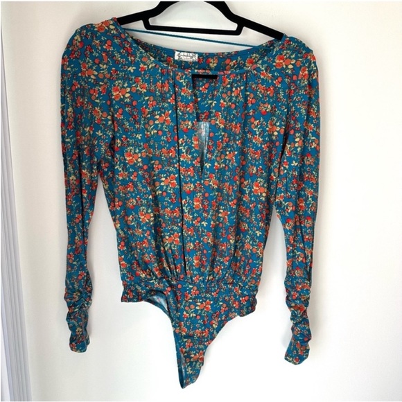 Free People Kaya Floral Printed Plunge Neckline Long Sleeve Bodysuit Turquoise - Picture 6 of 13